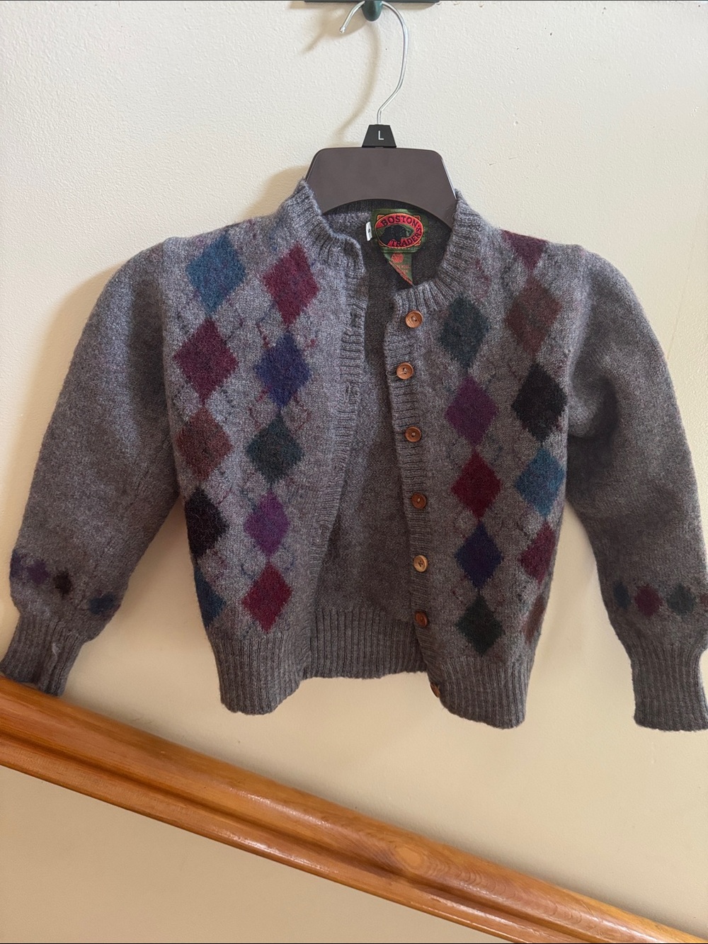 Boston Traders Gray Argyle Knit Cardigan with Multicolor Diamonds 100% wool